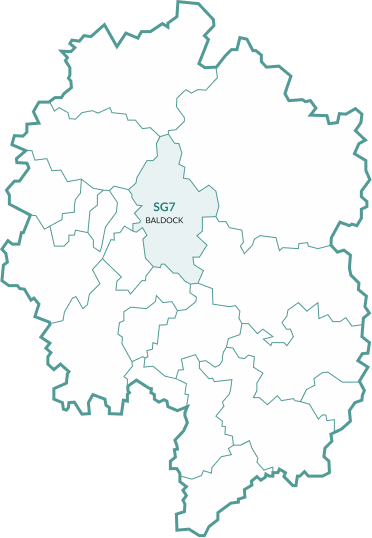 Map of the area covered, with Baldock highlighted