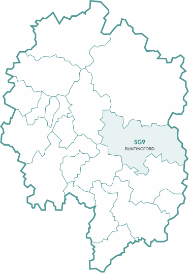 Map of the area covered, with Buntingford highlighted
