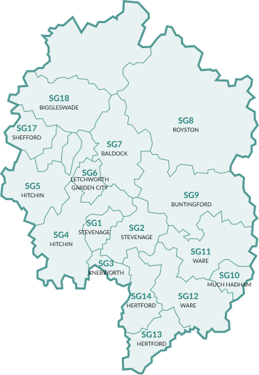 Map of the area covered by Inspectre, listing multiple SG postcode areas and their names